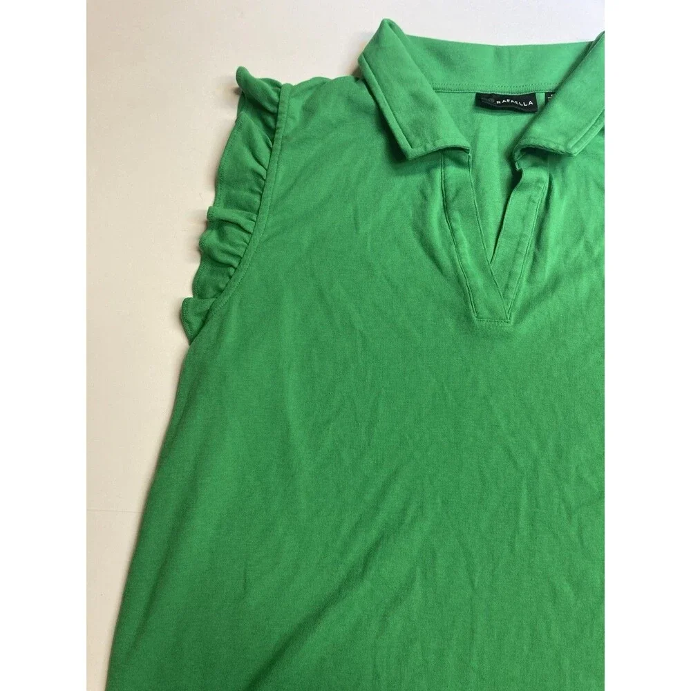 Rafaella Women's Green Solid Collared Knit Cotton Ruffle Polo Top XXL Regular